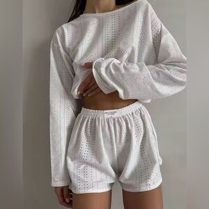New White Eyelet Long Sleeve and Shorts Set size S/M